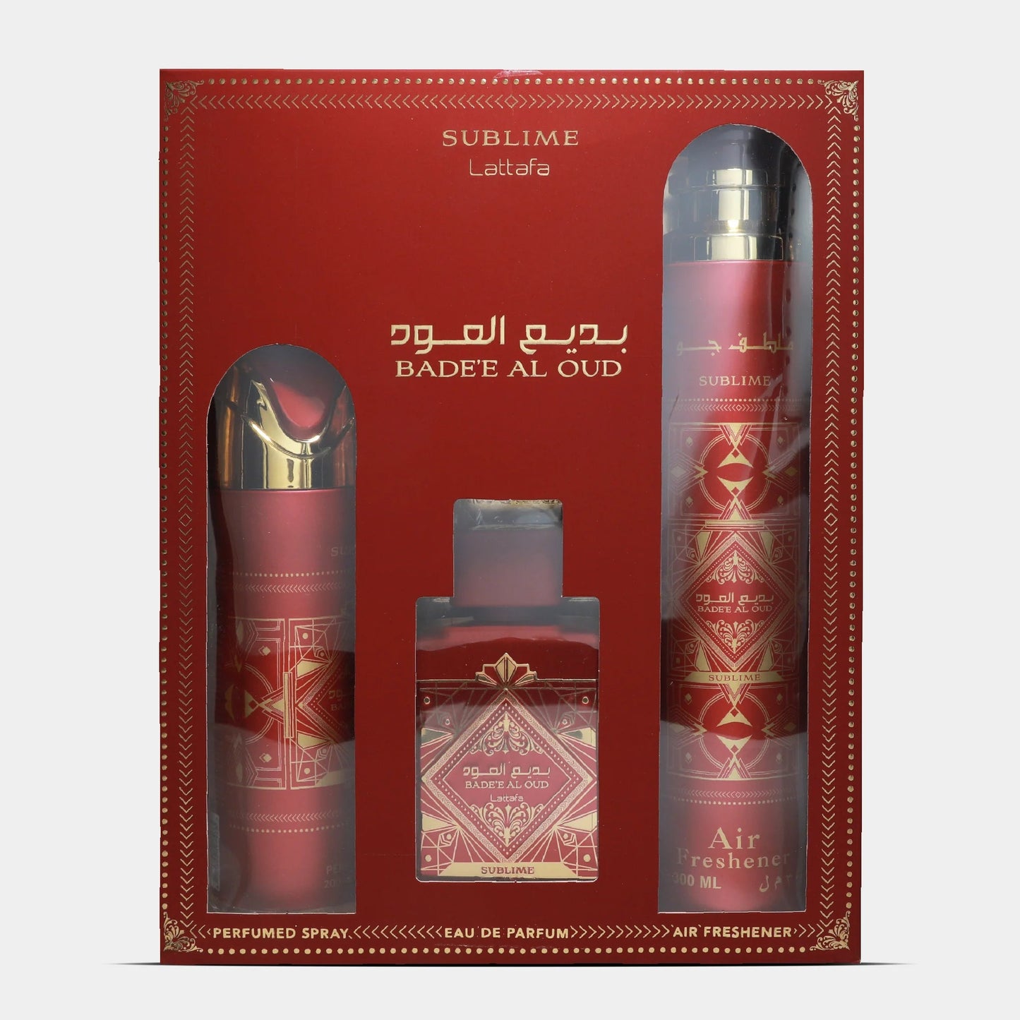 SET LATTAFA BADEE AL OUD SUBLIME UNISEX ( 3 PC) 3.4 OZ EDP / 6.8 OZ PERFUME SPY / 300ML Air Refreshner