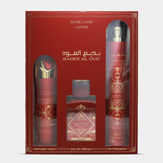 SET LATTAFA BADEE AL OUD SUBLIME UNISEX ( 3 PC) 3.4 OZ EDP / 6.8 OZ PERFUME SPY / 300ML Air Refreshner